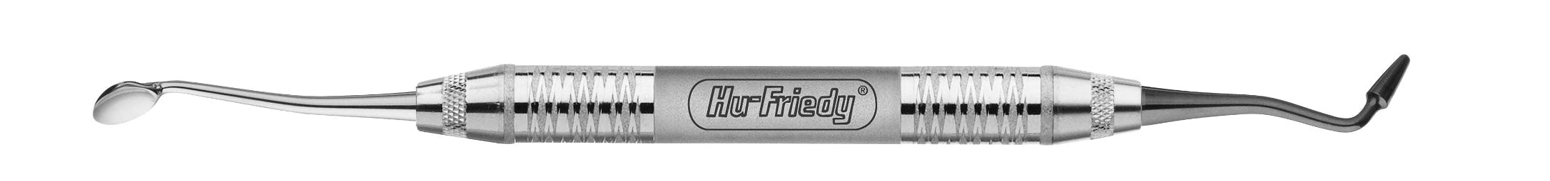 The Hu-Friedy Euwe Bone Scoop/Pluggers, made of stainless steel with a textured grip, features a rounded spoon tip on one end and a curved hook on the other—ideal for regenerative procedures.