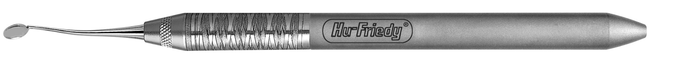 The Hu-Friedy Labanca Bone Curette 7mm Satin is a stainless steel dental instrument with a textured grip and curved, rounded tip, engraved with the Hu-Friedy brand, designed for regenerative procedures.