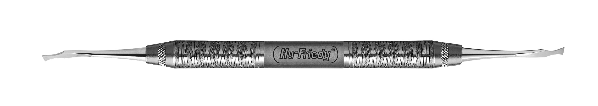 The Hu-Friedy Modified TG Ochsenbein Periodontal Chisels feature textured grip handles and curved metal tips, engraved with the Hu-Friedy brand, ideal for osseous recontouring as a periodontal bone or Ochsenbein chisel.