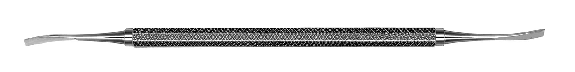 The Hu-Friedy TG DE Chisels by Hu-Friedy are double-ended metal dental tools with a textured center grip and curved, flat tips on both ends, ideal for periodontal chisel procedures like osseous recontouring or bone removal.