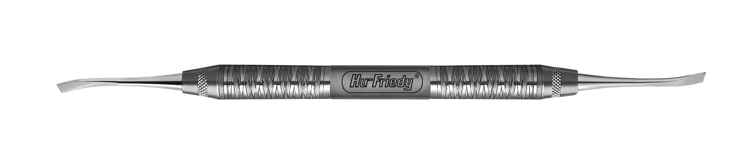 The Hu-Friedy TG DE Chisel is a double-ended periodontal chisel with textured grips and curved metal tips for bone removal and osseous recontouring during dental procedures; the handle features an engraved Hu-Friedy logo.
