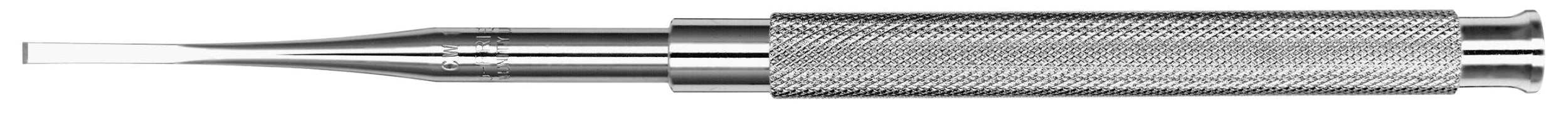 The Hu-Friedy Wakefield Bi-Level Chisels by Hu-Friedy feature a textured, knurled handle and straight, flat-ended blade, ideal for carving or cutting hard materials or tooth splitting during surgical extraction.