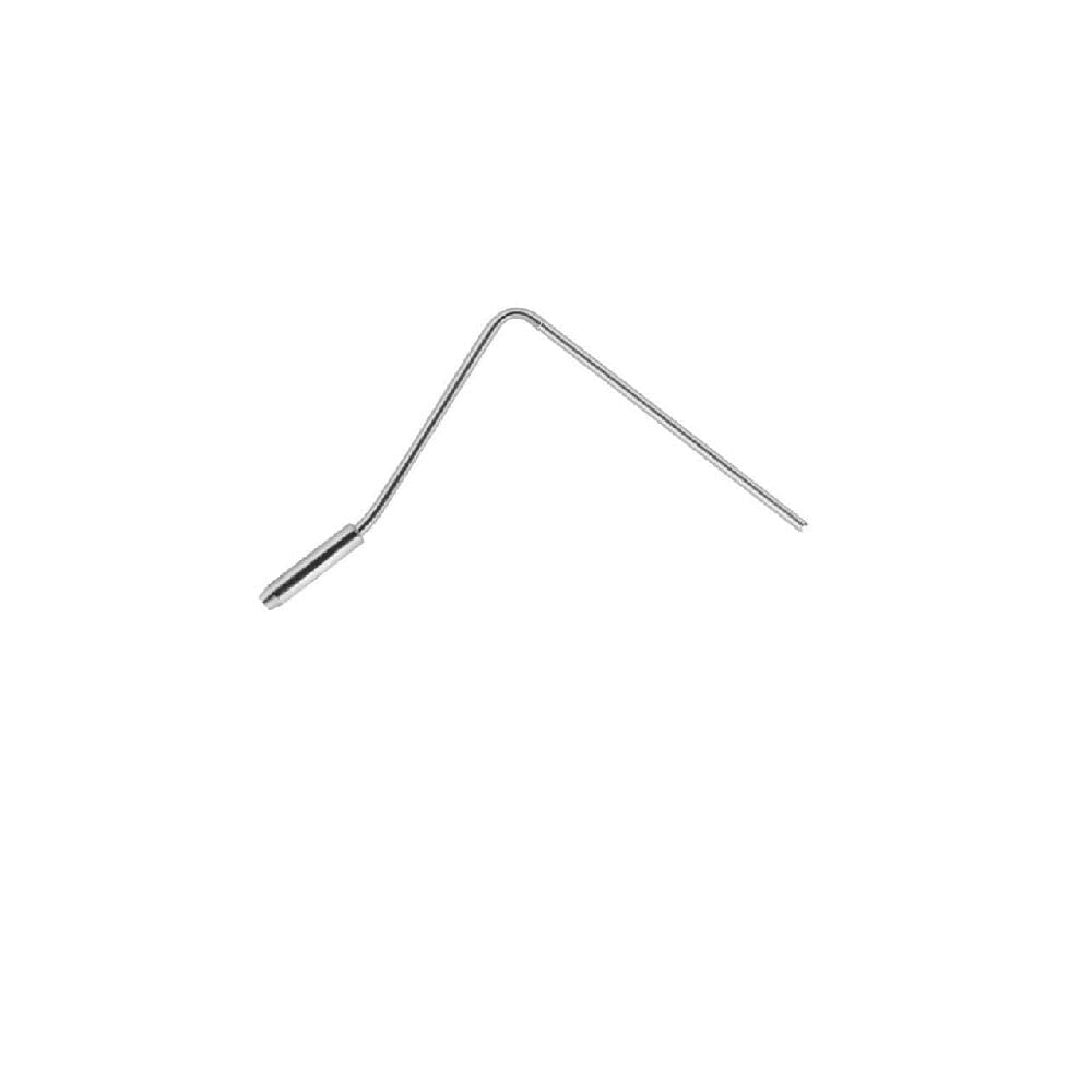 The W&H Internal Bur Cooling Pipe for E/KM Spray Clips by W&H is a metal tool with a bent angular shape and cylindrical tip, designed for internal bur cooling, shown isolated on a white background.