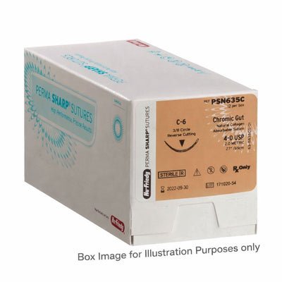 A white box labeled Hu-Friedy Chromic Gut Sutures | Perma Sharp | Absorbable Dental Sutures features detailed product info on a tan label, ideal for dental and oral surgery. Text below: Box Image for Illustration Purposes only.