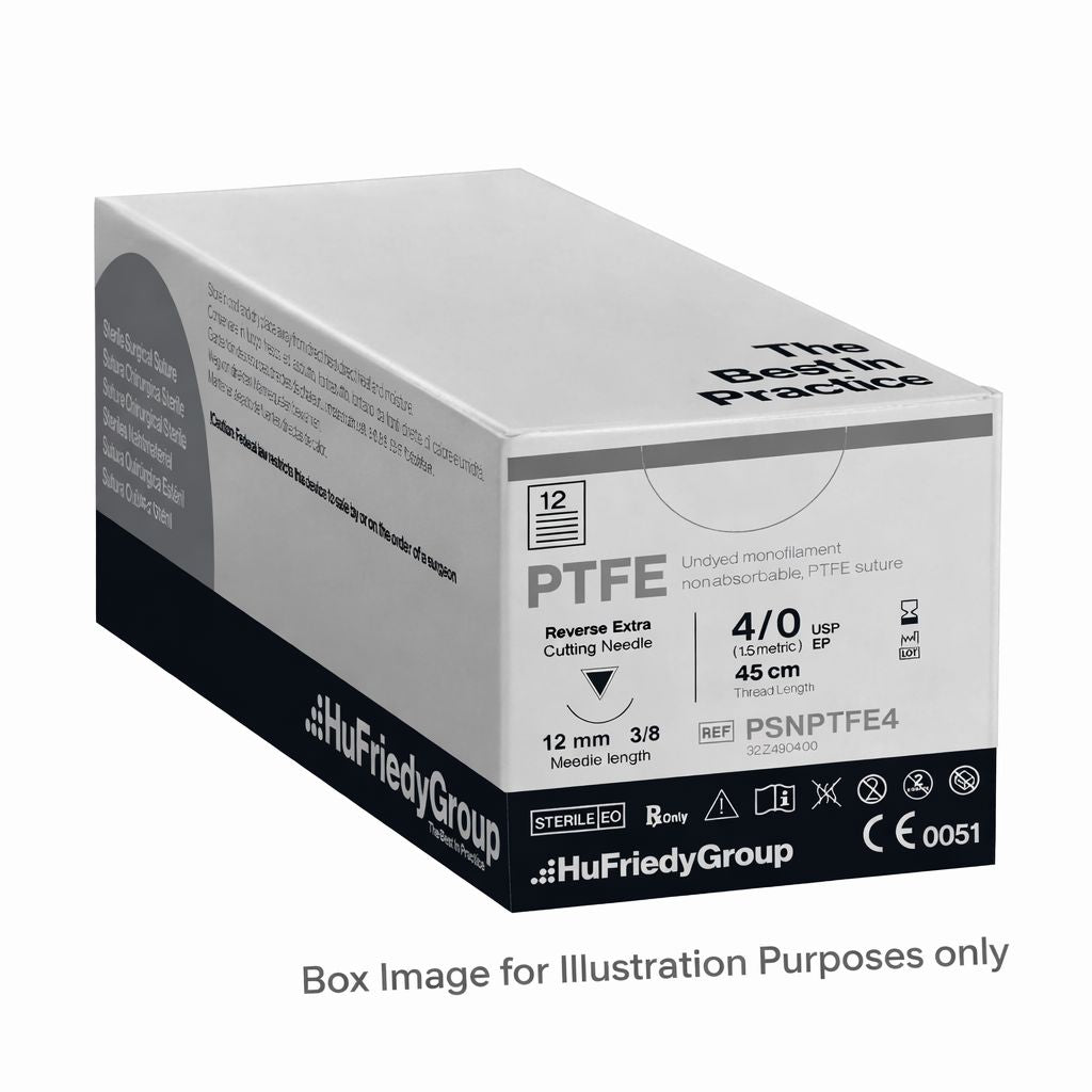A box of Hu-Friedy PTFE Sutures | Perma Sharp, non-absorbable dental sutures, 4/0 USP monofilament, contains 12 reverse extra cutting needles; branding and “Box Image for Illustration Purposes only” are shown on the white and gray packaging.
