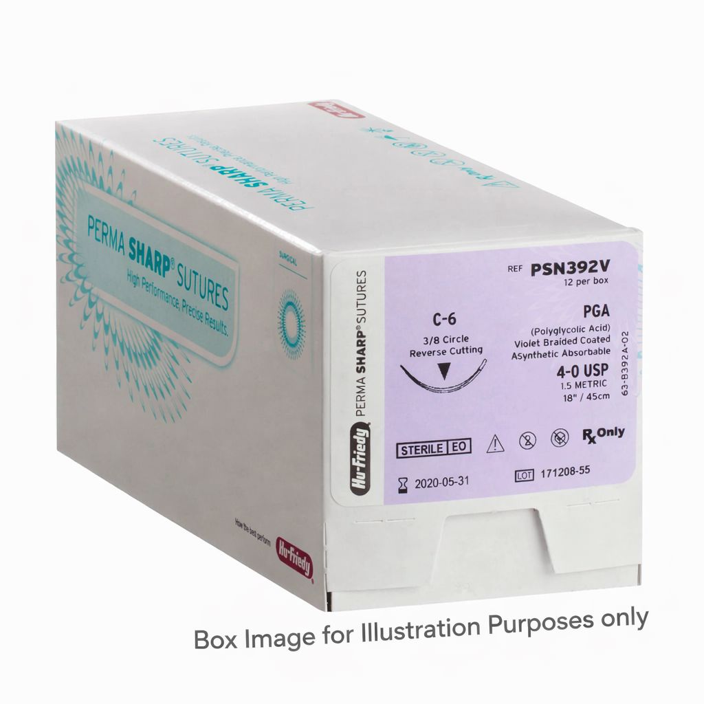 A white box labeled Hu-Friedy PGA Sutures | Perma Sharp Absorbable Braided Dental Sutures, with details like size C-6, PGA material, and ref PSN392V. Text at the bottom: Box Image for Illustration Purposes only.