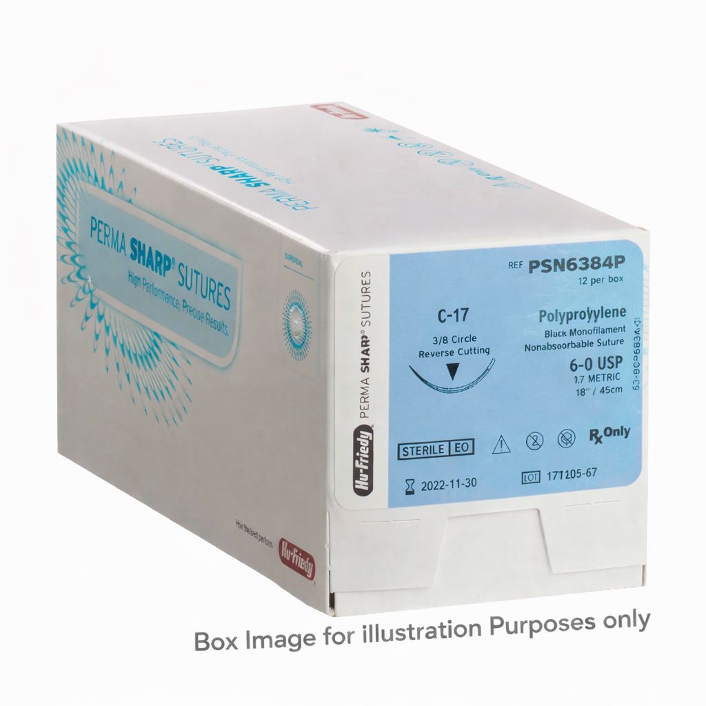 A white and blue box labeled Hu-Friedy Polypropylene Sutures | Perma Sharp, non-absorbable dental sutures, displays type, size, and expiration date. Note: Box image for illustration purposes only. Brand: Hu-Friedy.