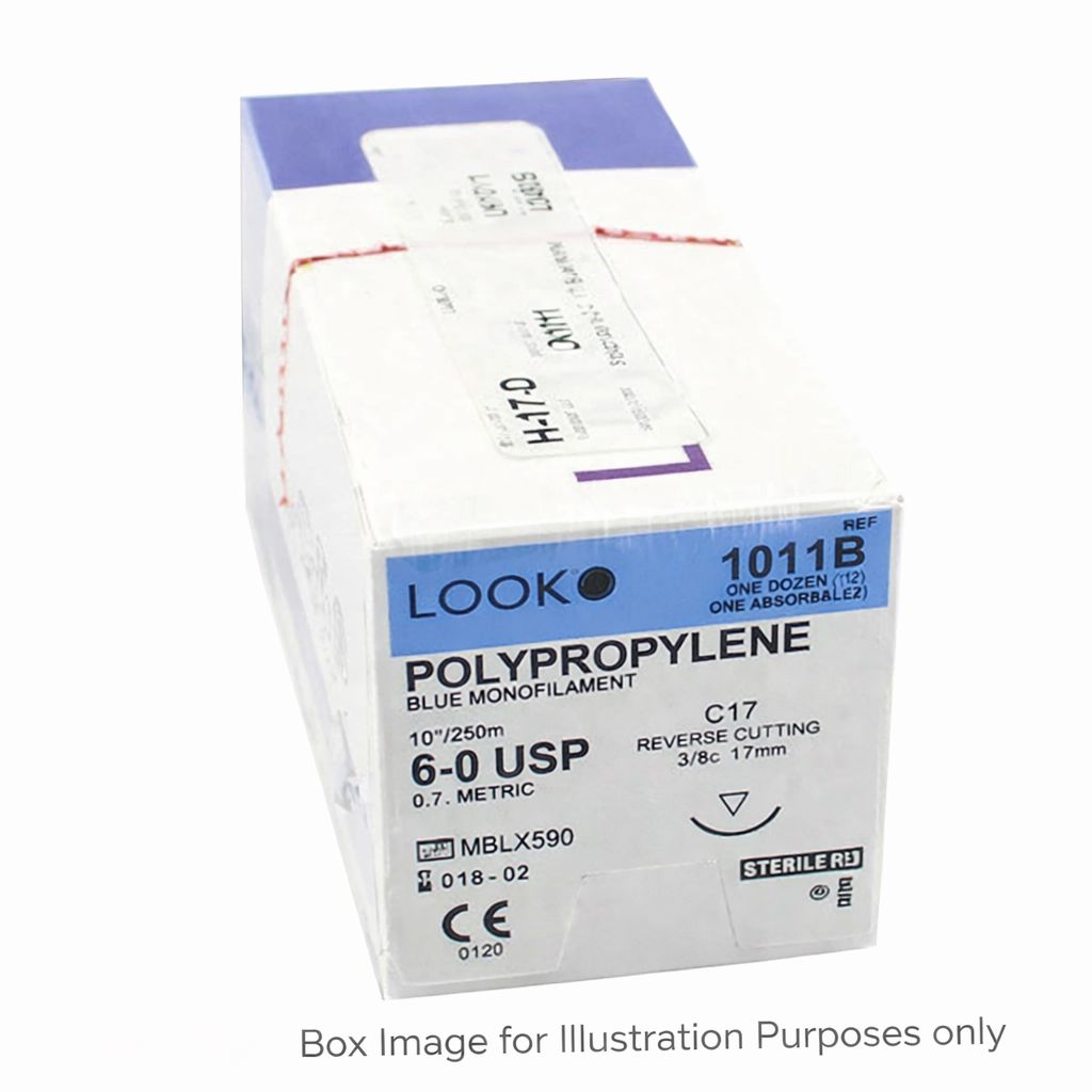 Sample image of LOOK Polypropylene Sutures | Non-Absorbable Monofilament Dental Sutures by Look, shown in a white box with medical symbols and text; image is for illustration purposes only.