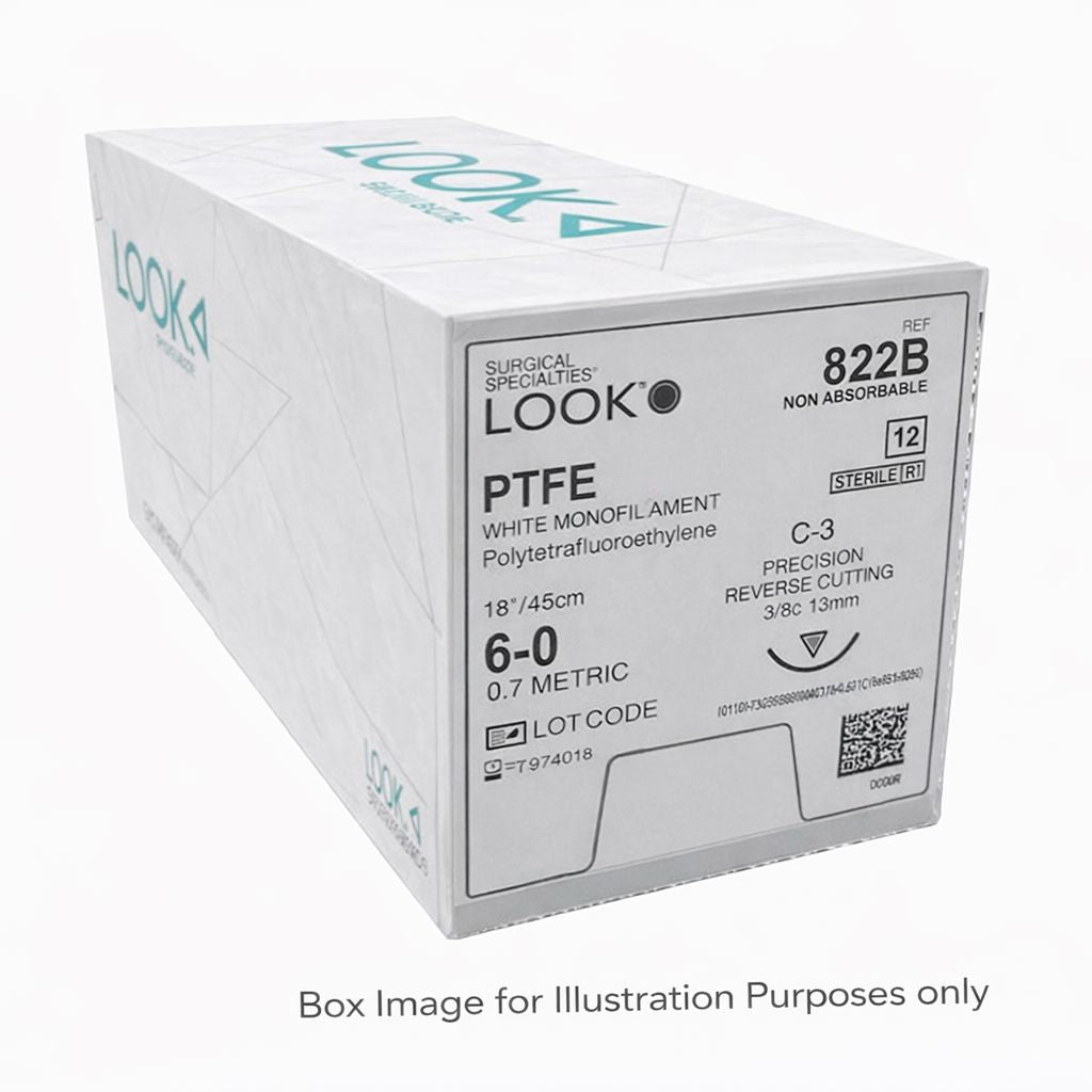 A white box labeled Look PTFE Sutures | Non-Absorbable Monofilament Dental Sutures, 18/45cm, 6-0 (0.7 metric), C-3 precision reverse cutting, Model: 822B. Box image is for illustration only.