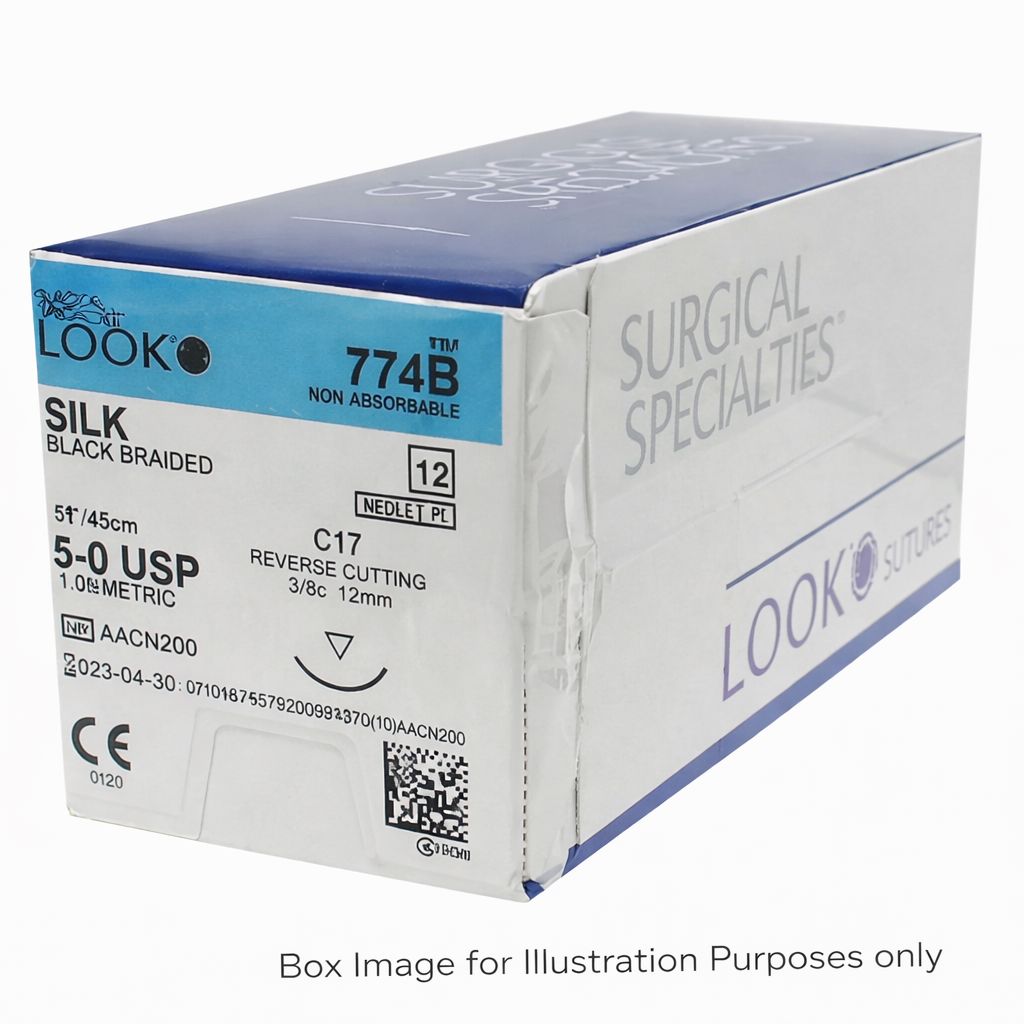 A white and blue box labeled Look contains LOOK Silk Sutures, non-absorbable 5-0 USP black braided silk dental sutures, reverse cutting needle C17 (45cm), ideal for oral surgery and periodontal use; product details are visible.