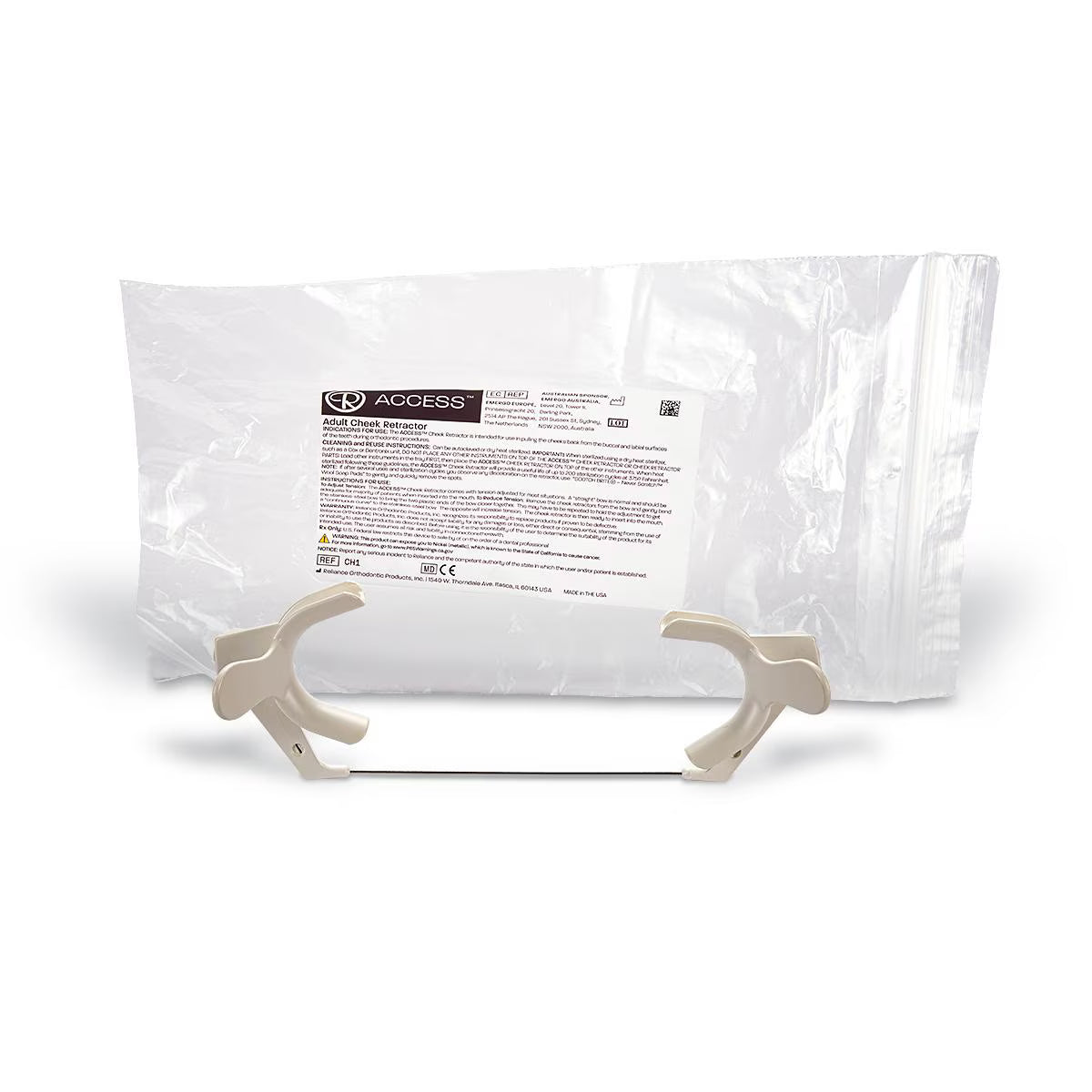 Reliance Access Cheek Retractors – Pediatric & Adult by Reliance are fully autoclavable dental cheek retractors, ideal for orthodontic procedures, with a transparent plastic cover and product label shown on a white background.