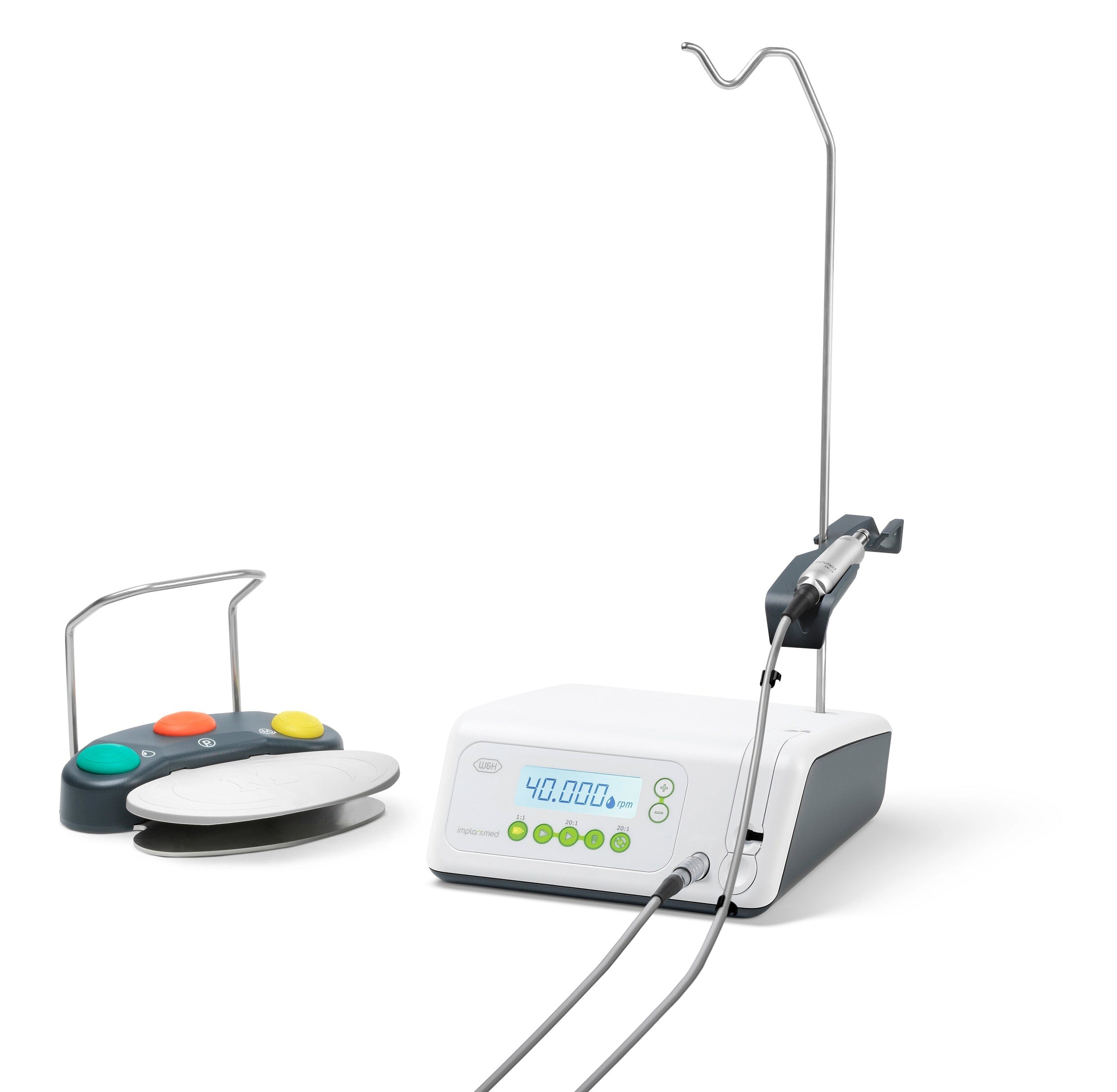 The W&H Implantmed Classic Implant Motor Set with Handpiece and Accessories is a dental surgical motor for implant placement, featuring a digital display, handpiece holder, attached cables, and a multi-color foot pedal on a white background.