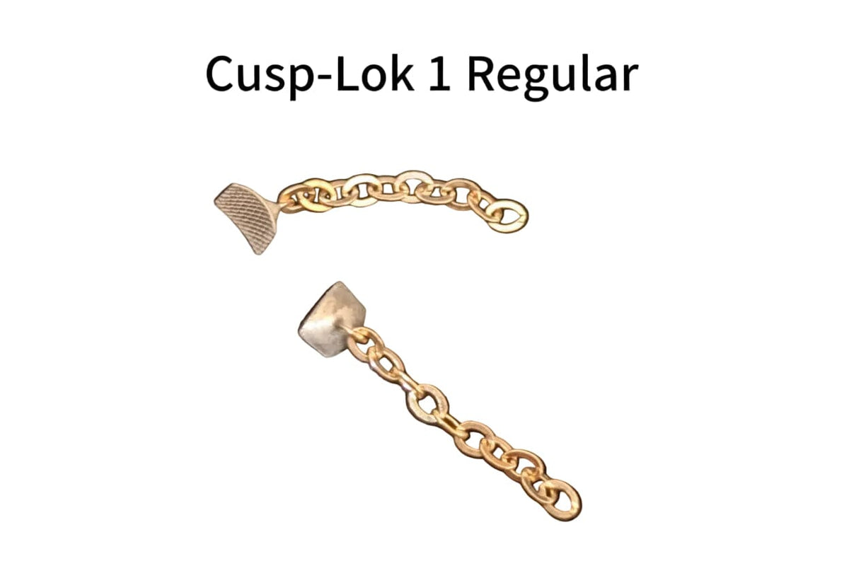 Two gold 3/4" 14K dental chains from Xemax are shown with different end attachments under the text "Cusp-Lok 1 | Bracket-Based Impacted Cuspid Traction" on a white background.