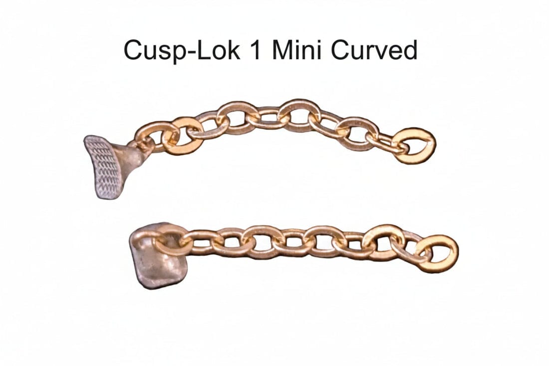 Two small curved 3/4" 14K gold chains, labeled “Cusp-Lok 1” by Xemax, designed for bracket-based impacted cuspid traction, are shown with mesh attachments on a white background.