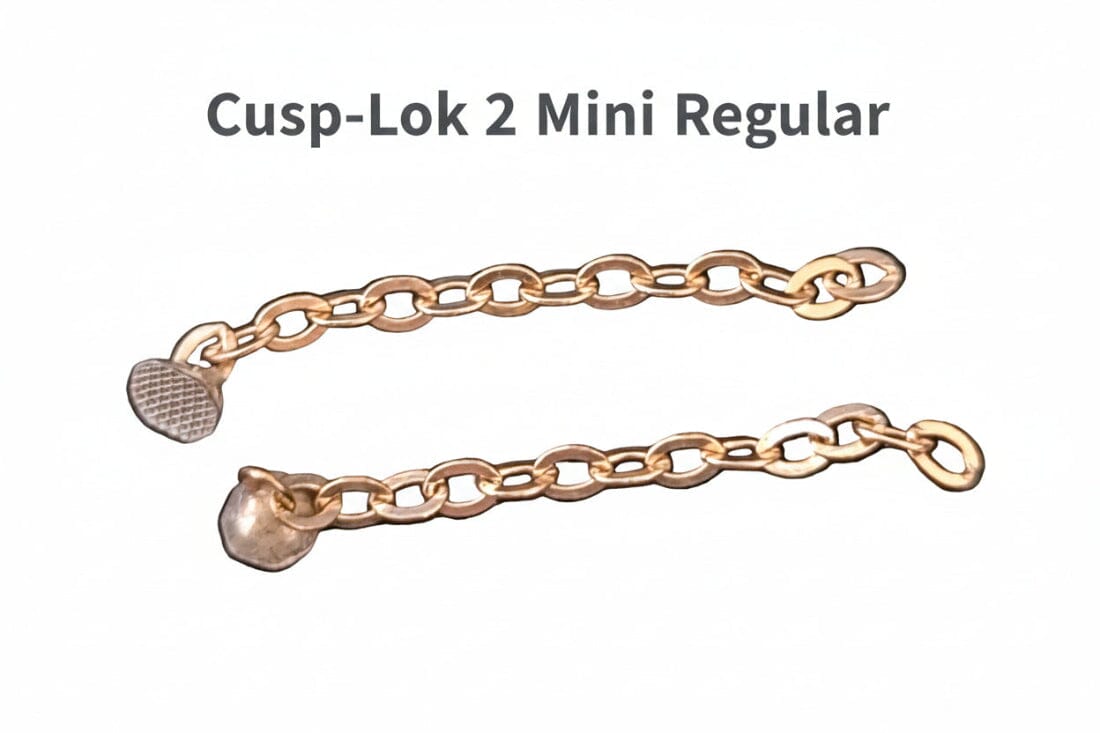 Two Cusp-Lok 2 bracket-based impacted cuspid traction chains, 1" 14K gold by Xemax, shown with secure end attachments and displayed on a white background.