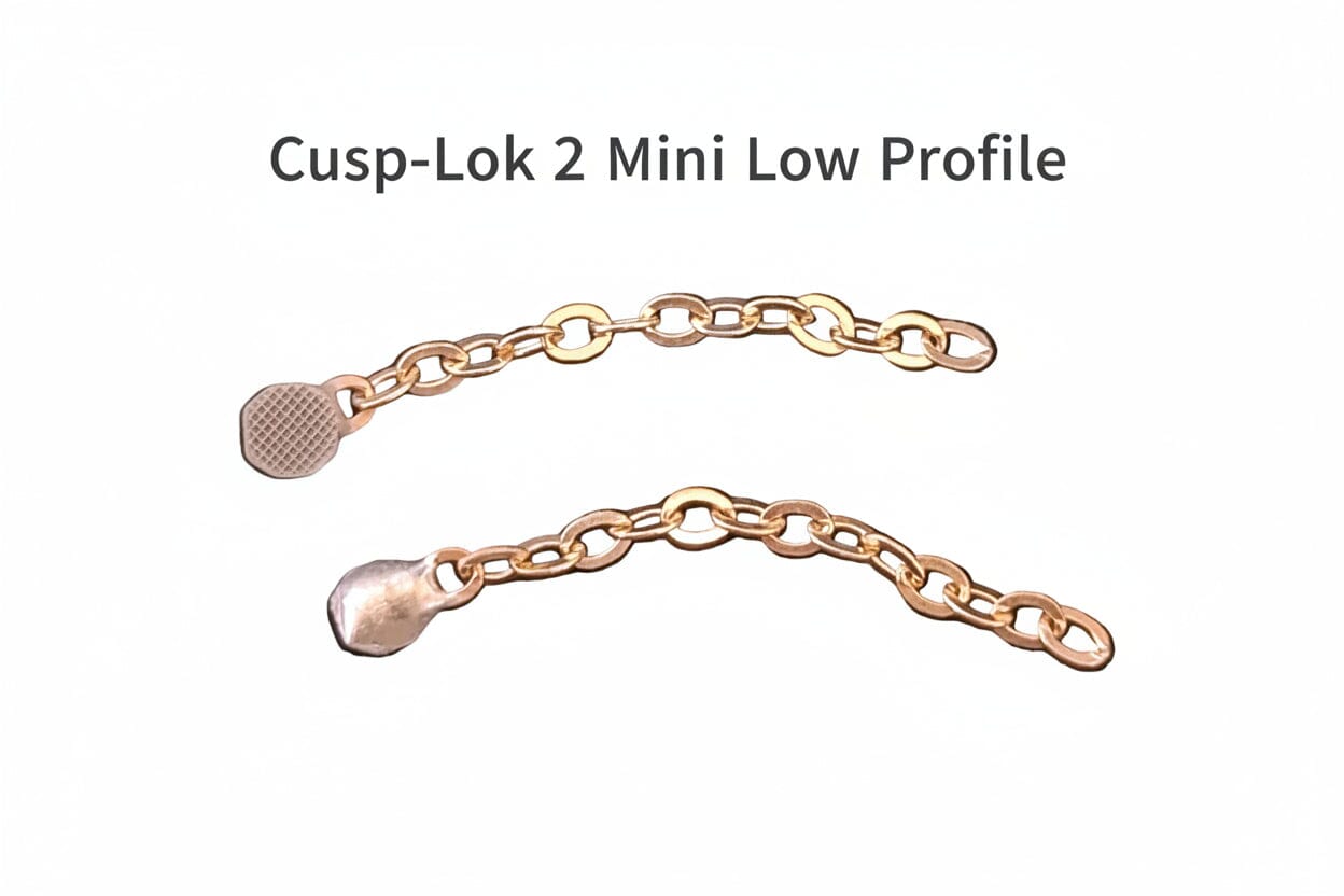 Two 1" 14K gold Cusp-Lok 2 chains by Xemax for bracket-based impacted cuspid traction, each with different end attachments, displayed on a white background.