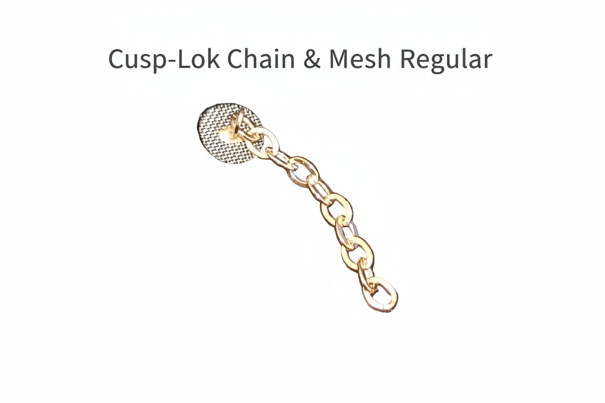 A Cusp-Lok Chain & Mesh | Impacted Tooth Traction System, made of 14K gold by Xemax, is shown on a white background. It’s designed for orthodontic traction and expose-and-bond procedures.