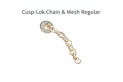 A Cusp-Lok Chain & Mesh | Impacted Tooth Traction System, made of 14K gold by Xemax, is shown on a white background. It’s designed for orthodontic traction and expose-and-bond procedures.
