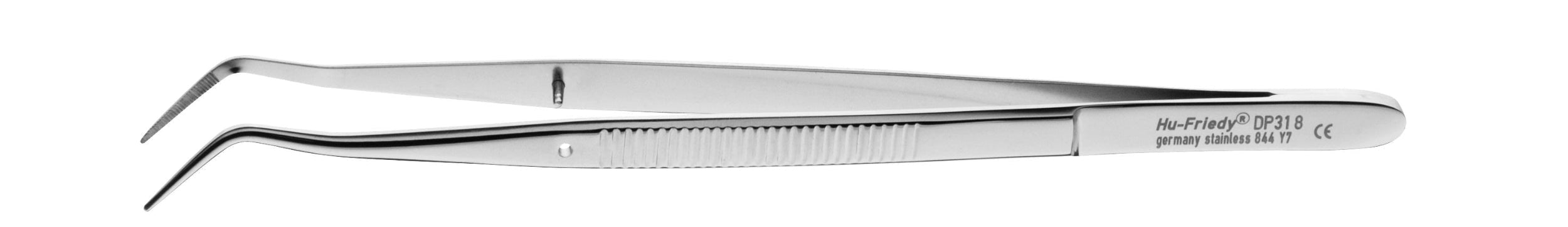 Hu-Friedy Dressing Pliers are stainless steel, angled tweezers with a ridged grip—perfect as dressing pliers and essential dental instruments for surgical dentistry procedures.