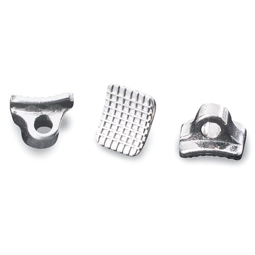 Three small Dynaflex Cusp-Lok 4 Eyelet nickel-free bondable eyelets with unique textured surfaces—grid, smooth, or grooved—are displayed side by side for superior bond strength.