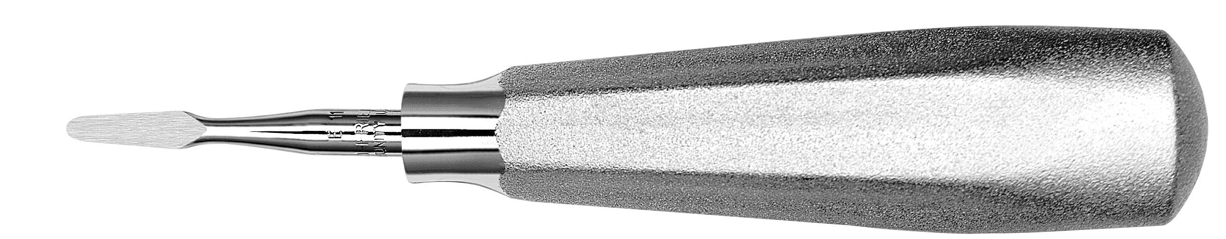 A close-up of a Hu-Friedy Stout Elevator, a surgical tool by Hu-Friedy featuring a textured metallic handle and thin, flat tip—commonly used for third molar extractions—shown isolated on a white background.