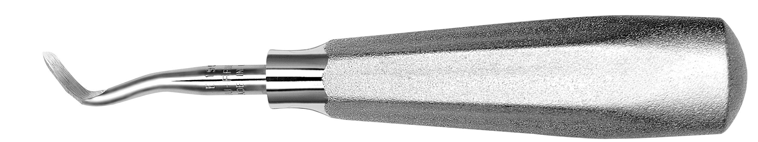 A close-up of a Hu-Friedy 190 & 191 Elevator, featuring a textured metallic handle and a curved, pointed tip designed for tooth extraction and periodontal ligament navigation during dental procedures.