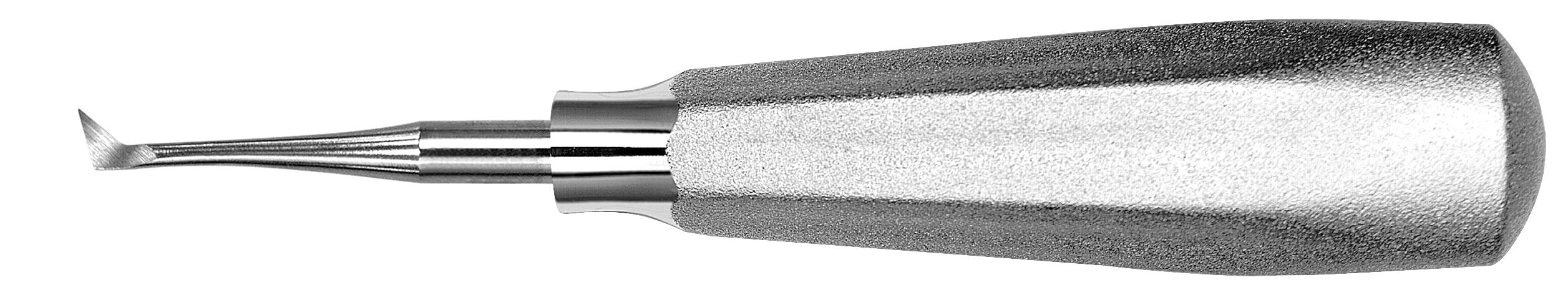 A close-up image of a Hu-Friedy Mini Cryer Elevator, a dental tool by Hu-Friedy featuring a textured handle and curved, pointed tip, designed for root fragment removal during surgical tooth extractions.