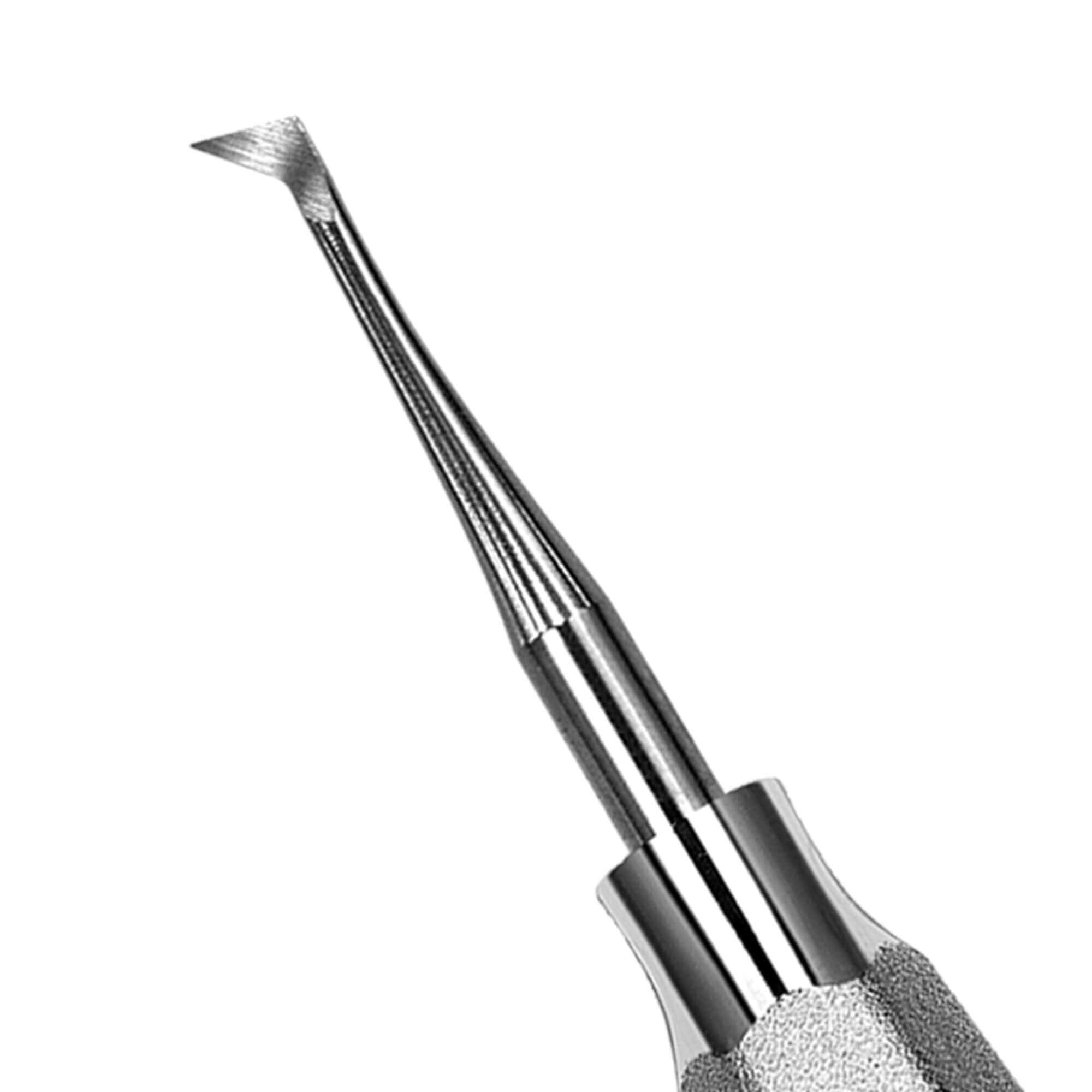 Close-up of a Hu-Friedy Mini Cryer Elevator by Hu-Friedy, featuring a stainless steel, textured handle and an angled, pointed tip designed for cleaning teeth or aiding in root fragment removal during surgical tooth extraction.