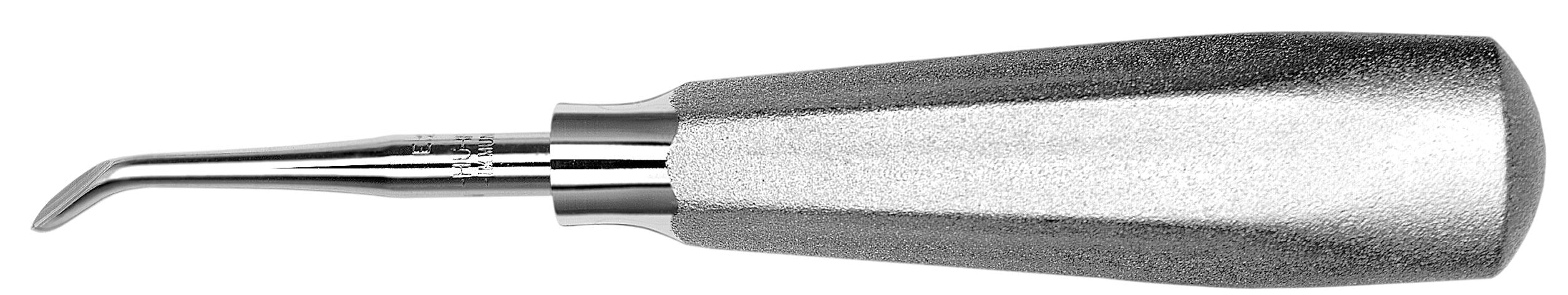 A close-up of the Hu-Friedy #23 Elevator, featuring a curved metal tip and textured handle, designed for shorter leverage during extractions—ideal for accessing lower 1st and 2nd molar roots.