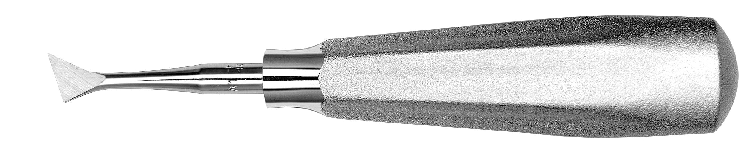 A close-up of a Hu-Friedy Cryer Elevator dental tool with a textured handle and flat, angled blade tip, designed for surgical extractions and root elevation, from the Hu-Friedy Cryer Elevators — Standard & Angulated Patterns line.