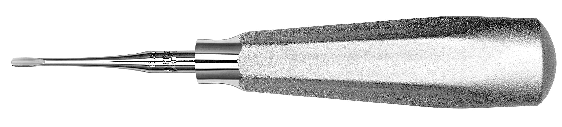 A close-up of a Hu-Friedy Apexo Elevator, a surgical elevator by Hu-Friedy featuring a textured metal handle and thin, curved blade for extracting deeply seated roots, isolated on white background.