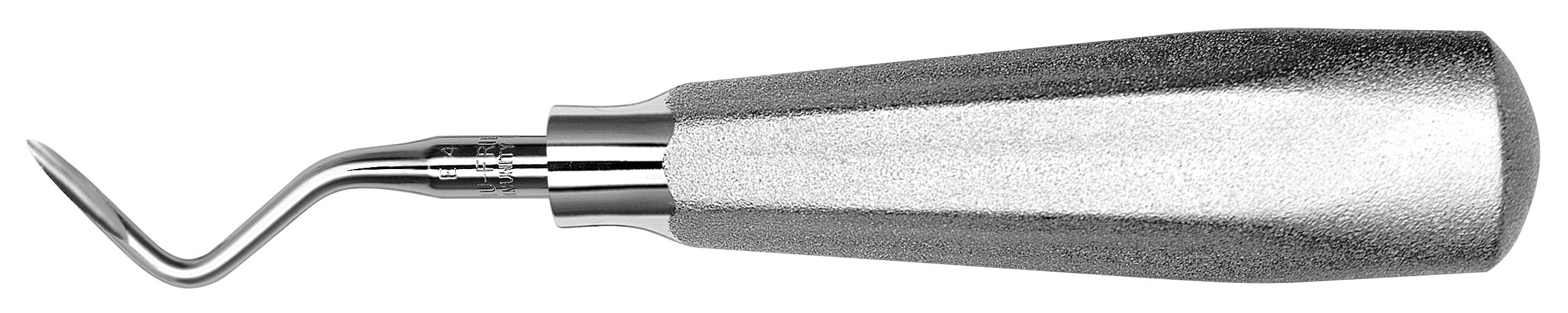 The Hu-Friedy Schmeckebier Apexo Elevator by Hu-Friedy features a textured metal handle and curved, pointed tip for loosening the periodontal ligament during tooth extractions.