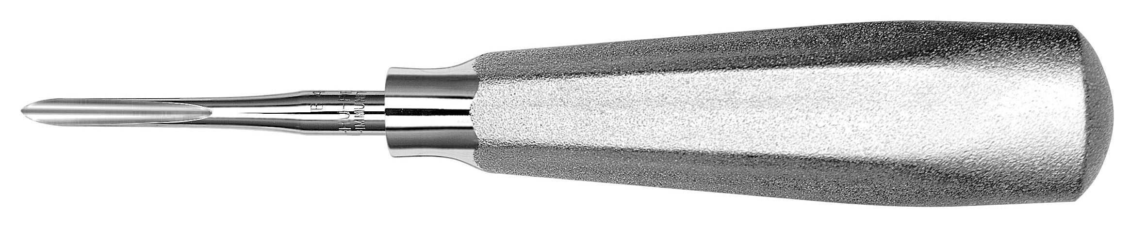 The Hu-Friedy #44C Bradley Elevator, featuring a textured metallic handle and a smooth curved blade, is shown on a white background—an essential Hu-Friedy tool for third molar extractions.