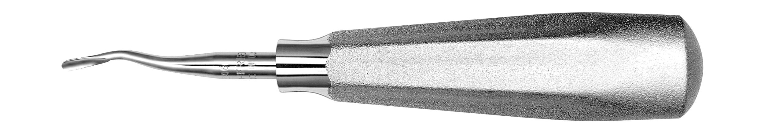 A close-up of Hu-Friedy 46 & 46R Elevators, featuring a textured metallic handle and curved slender tip, designed for upper posterior root extraction and optimal periodontal ligament engagement.