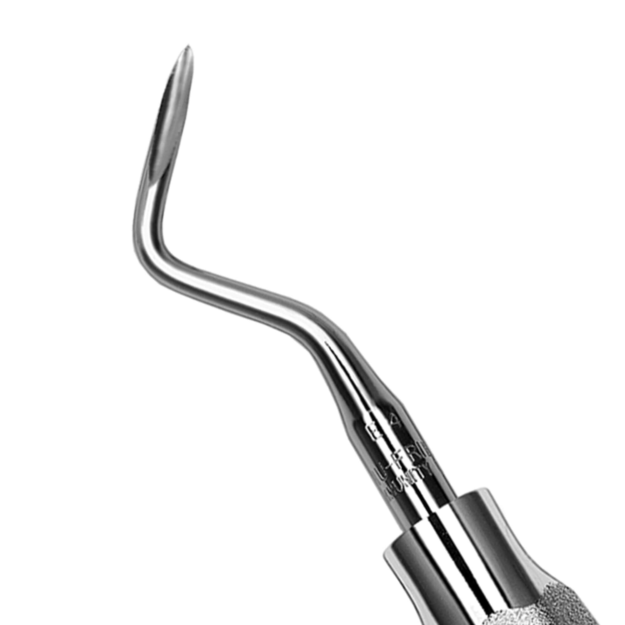 A close-up of a metal dental scaler with a curved, pointed tip and textured handle, used alongside Hu-Friedy Schmeckebier Apexo Elevators for removing plaque and tartar from teeth.