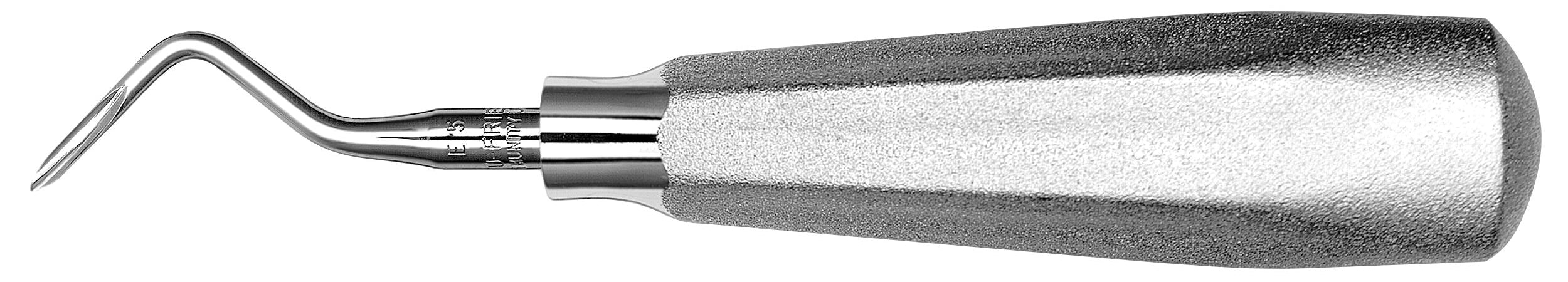The Hu-Friedy Schmeckebier Apexo Elevator, a well-known tooth extraction instrument, has a textured cylindrical handle and pointed curved tip, displayed on a white background.