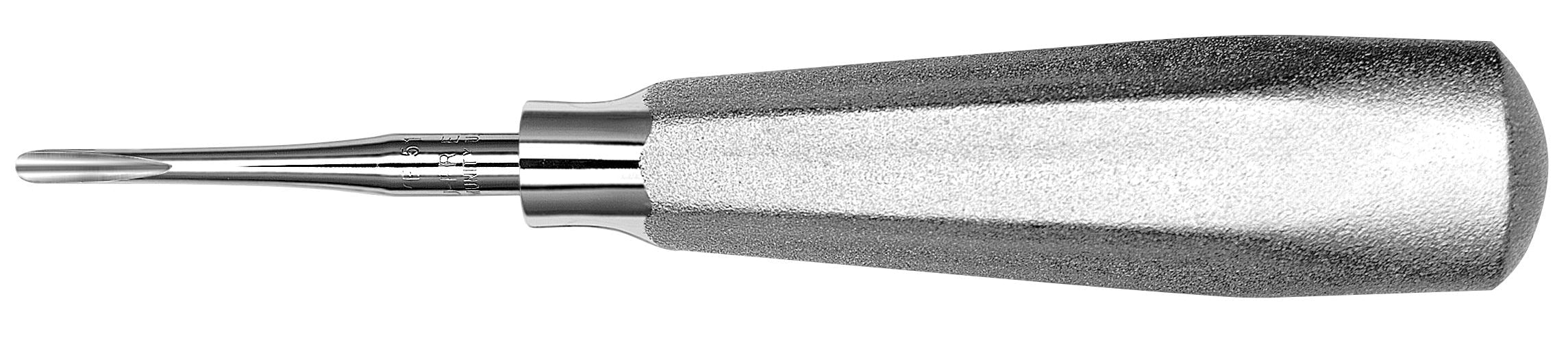 A close-up of a Hu-Friedy Curtis Elevator, a dental extraction tool by Hu-Friedy, with a textured ergonomic handle and a curved, narrow blade tip for precise tooth extraction.