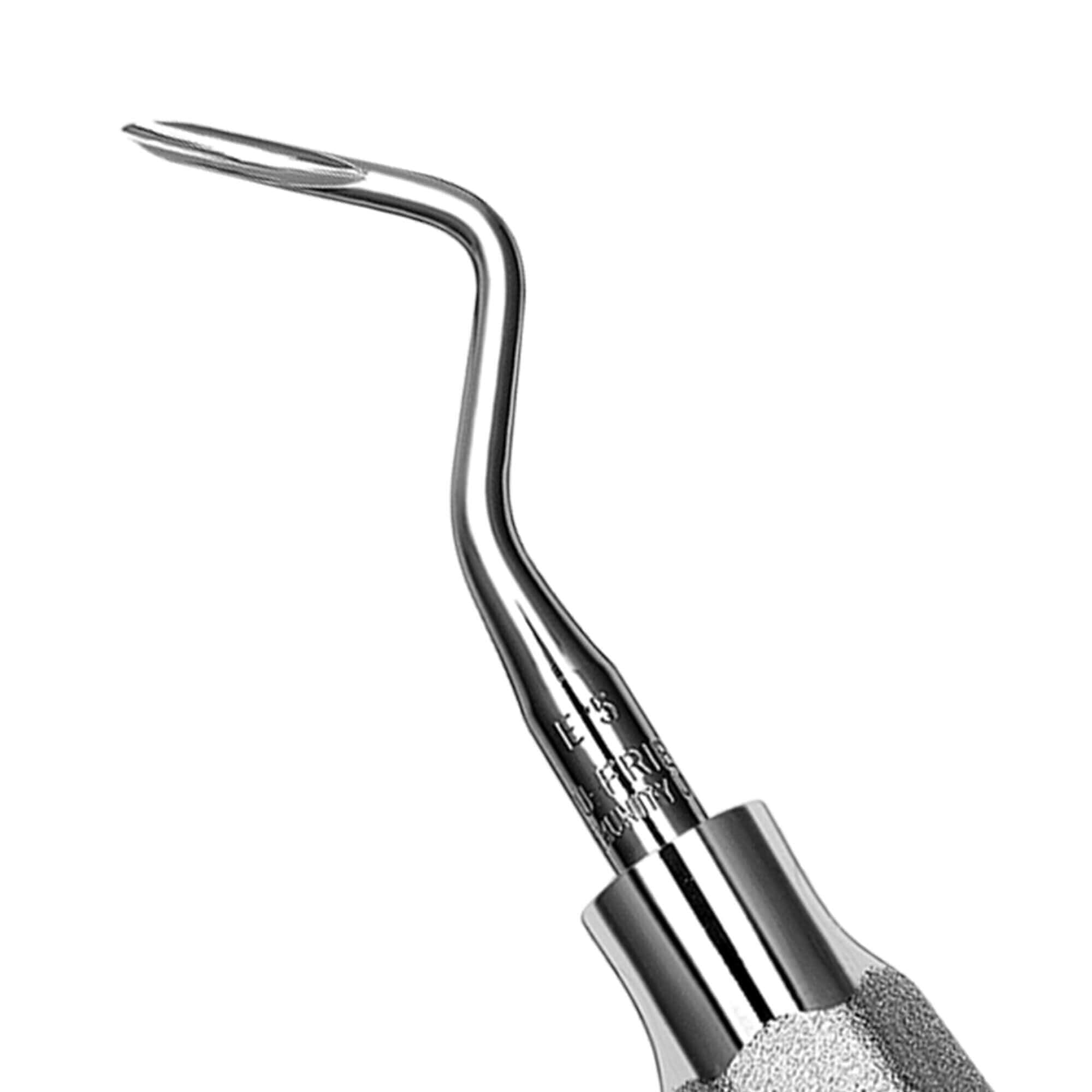 Close-up of a stainless steel dental scaler with a curved, pointed tip, used for cleaning teeth and often paired with Hu-Friedy Schmeckebier Apexo Elevators for plaque or tartar removal.