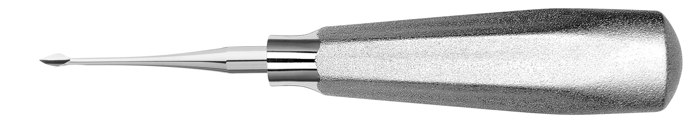 The Hu-Friedy E63 Elevator by Hu-Friedy features a textured metal handle and diamond-shaped lance tip, designed for loosening teeth or roots during extraction, shown on a white background.