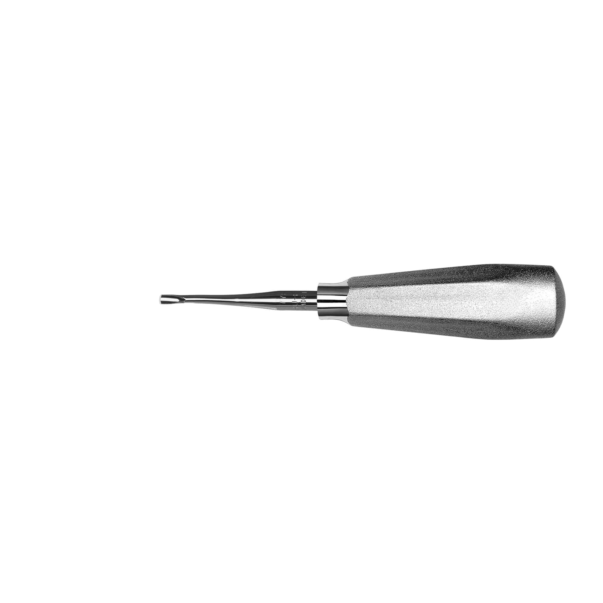A Hu-Friedy Serrated 77 Elevator by Hu-Friedy, featuring a textured silver handle and narrow curved tip, is displayed upright against a white background.