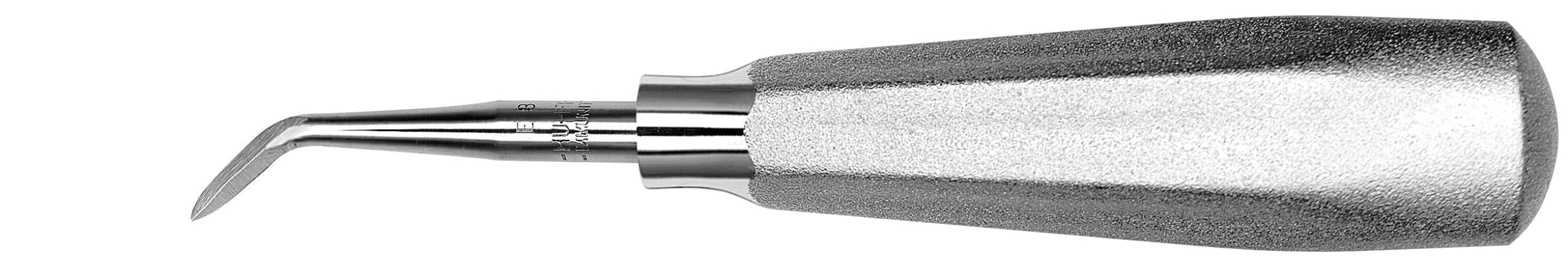 The Hu-Friedy #8 Crane Pick Elevator by Hu-Friedy is a surgical tool with a curved metal tip and textured handle, designed for tooth extraction or loosening roots during dental procedures.