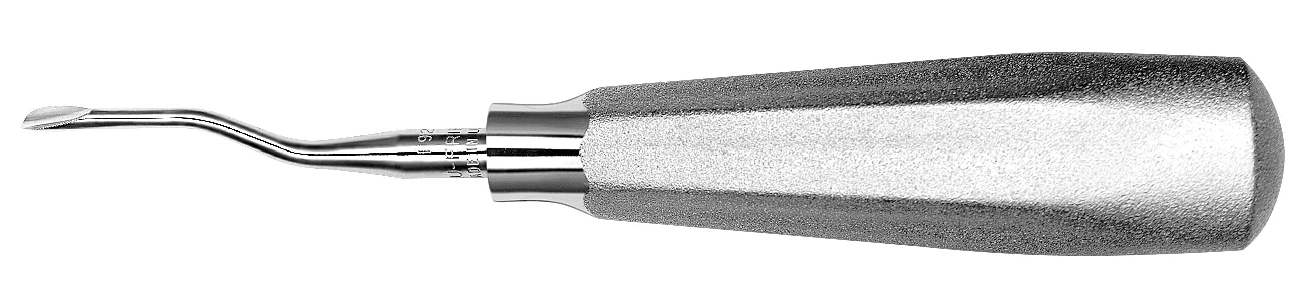 The Hu-Friedy Serrated 92 & 93 Bayonet Elevators by Hu-Friedy feature a bayonet design with serrated handles and curved, flat-tip blades, and are commonly used for tooth extraction procedures.
