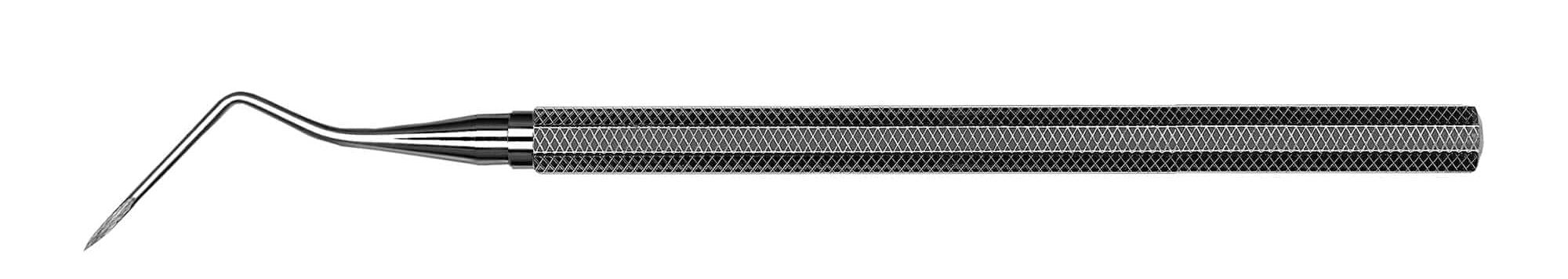 The Hu-Friedy 9L/9R Root Tip Picks by Hu-Friedy feature a Satin Steel finish, knurled octagon handle, and thin, sharply curved pointed tip—ideal for precise tooth examination or as root tip picks.