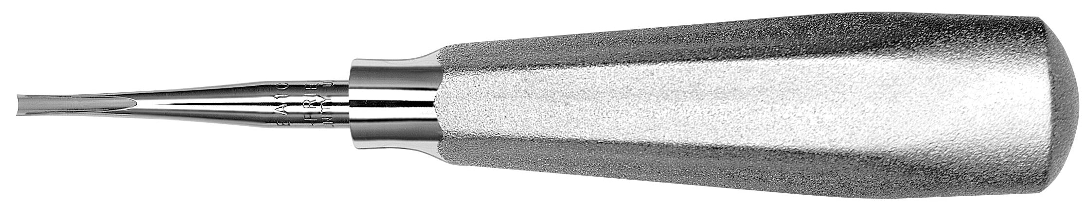 The Hu-Friedy Coupland English Gouge Elevator by Hu-Friedy features a metal handle with textured grip and a smooth, narrow flat blade—ideal for tooth extraction and commonly used in dental procedures.