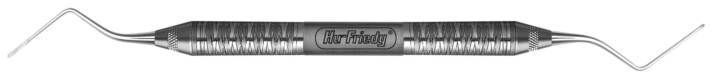 The Hu-Friedy Davis Double Ended Root Tip Picks by Hu-Friedy features angled, pointed metal tips and a textured grip handle, ideal for removing fractured root tips. The center is labeled with the Hu-Friedy brand.