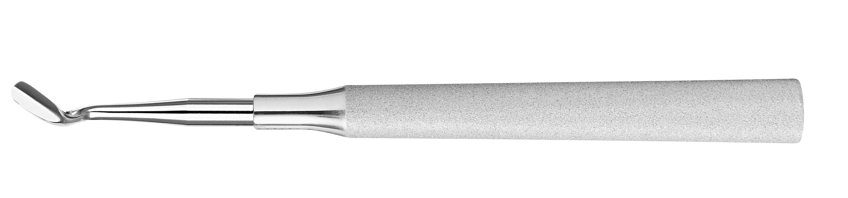 The Hu-Friedy Hoexter Mesial Distal Luxating Elevator by Hu-Friedy features a textured, cylindrical handle and a curved, flat blade for atraumatic tooth extraction and ridge preservation procedures.
