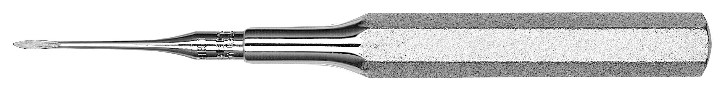 A close-up of the Hu-Friedy Heidbrink Single Ended Root Tip Pick, featuring a textured metal handle and small pointed tip, a tool by Hu-Friedy commonly used for fractured root tip removal.