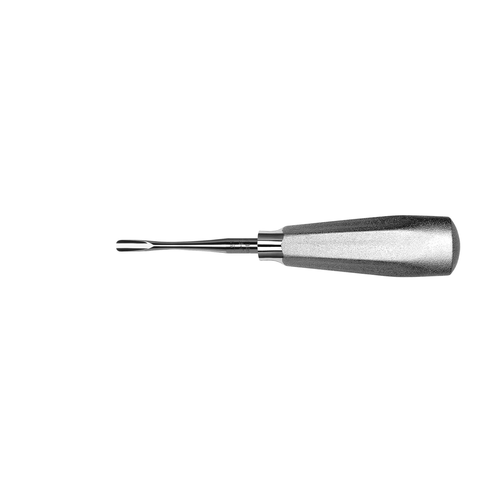 A Hu-Friedy Luxating Elevator, featuring a textured, tapered handle and curved narrow tip for atraumatic dental extraction, stands vertically against a white background.