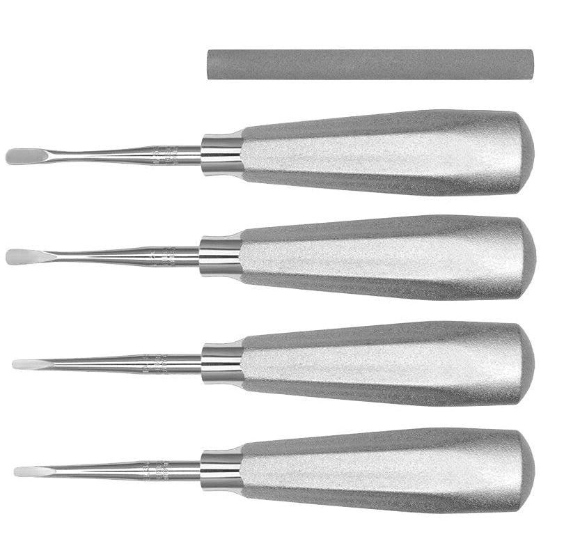 The Hu-Friedy Luxating Elevators Kit with Sharpening Stone (4-Piece) includes four textured-handle tools and a rectangular stone, shown lined up on a white background, ideal for atraumatic tooth extraction and ridge preservation.