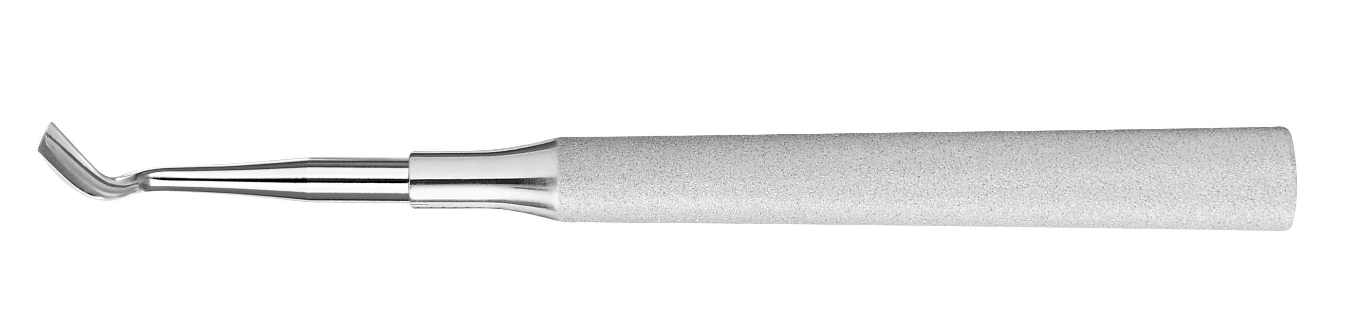 The Hu-Friedy Hoexter Mesial Distal Luxating Elevator by Hu-Friedy features a stainless steel, textured cylindrical handle and a curved, angled blade for atraumatic tooth extraction, shown on a white background.